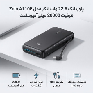 پاوربانک 22.5 وات انکر مدل A110E ظرفیت 20000 میلی آمپر ساعت