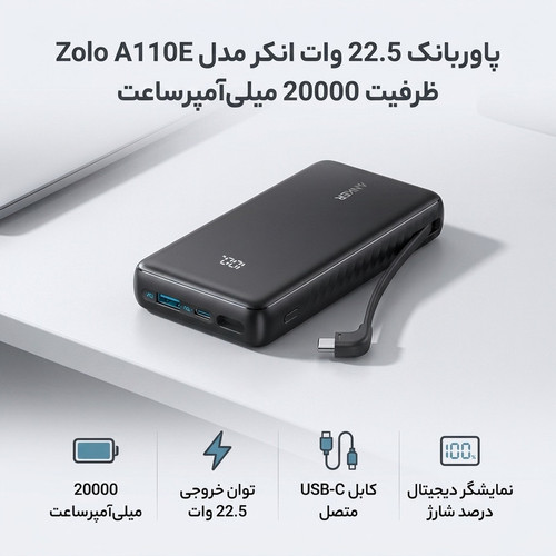 پاوربانک 22.5 وات انکر مدل A110E ظرفیت 20000 میلی آمپر ساعت